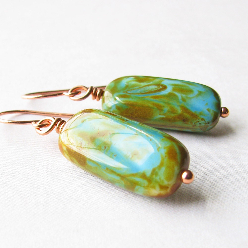Aqua & Brown Earrings, Rectangle Pressed Glass, Bright Copper - Aqua Blue Dangles, Earthy Jewelry, Beaded Earrings