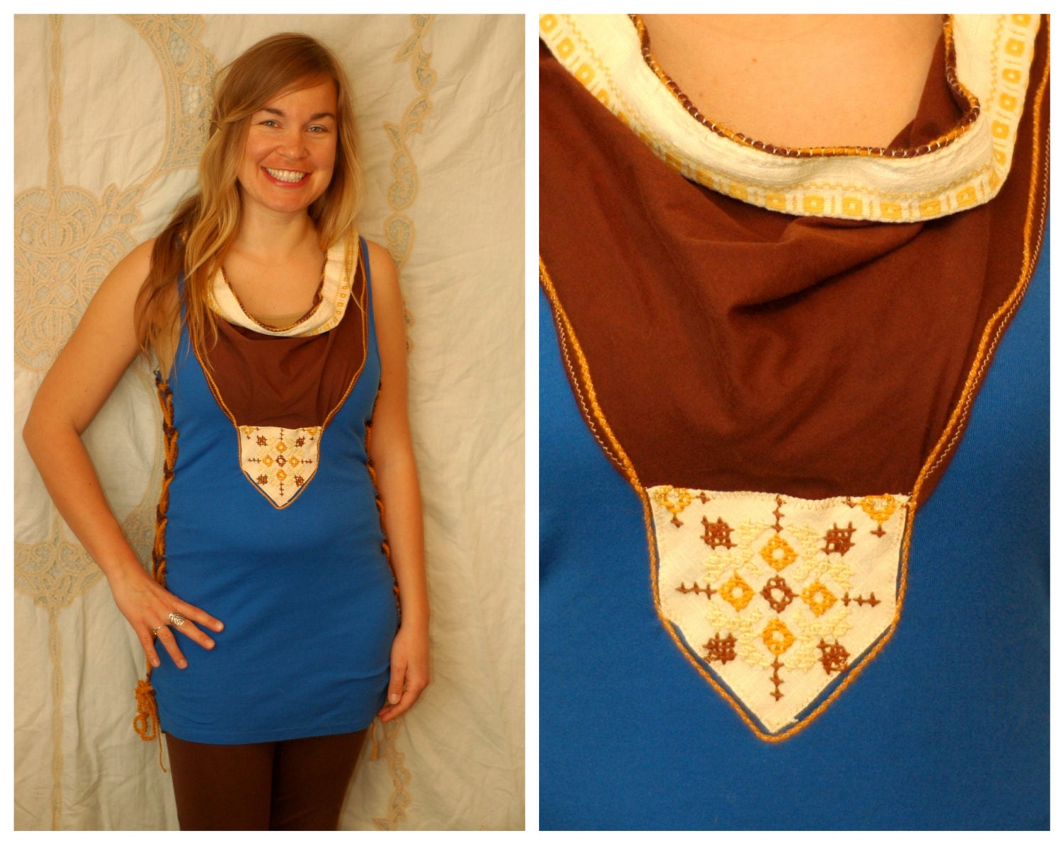 Upcycled cowl dress - festival tank top with corset ties - Repurposed hippie tunic shirt and boho clothing -native print