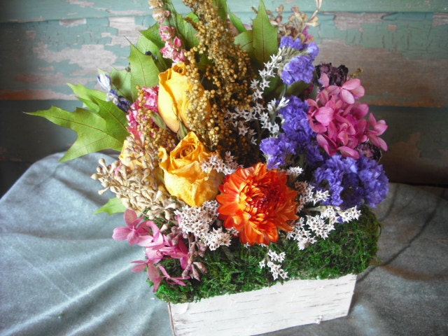 Dried flower all natural centerpiece in birch bark basket, for your rustic, eco-friendly, woodland wedding.