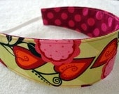 Child headband reversible designer fabric Patty Young Andalucia Ta Dot cotton flowers leaves red pink green lime - Bandeau - Ready to ship