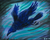 Original Miniature Painting, Raven in Flight