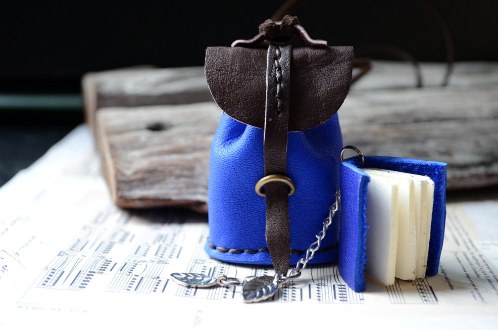 Necklace MiniatureBook in a little bag Ultramarine Blue leather.