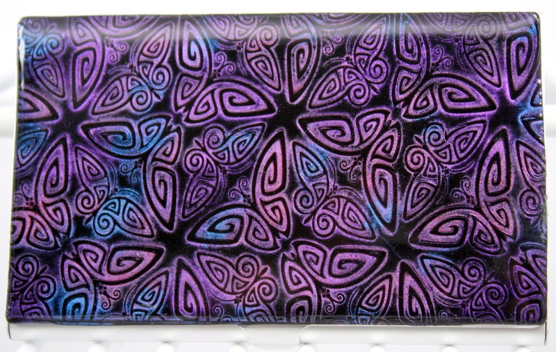 Business card holder, polymer clay covered metal wallet, credit card holder, butterfly design, ooak handmade