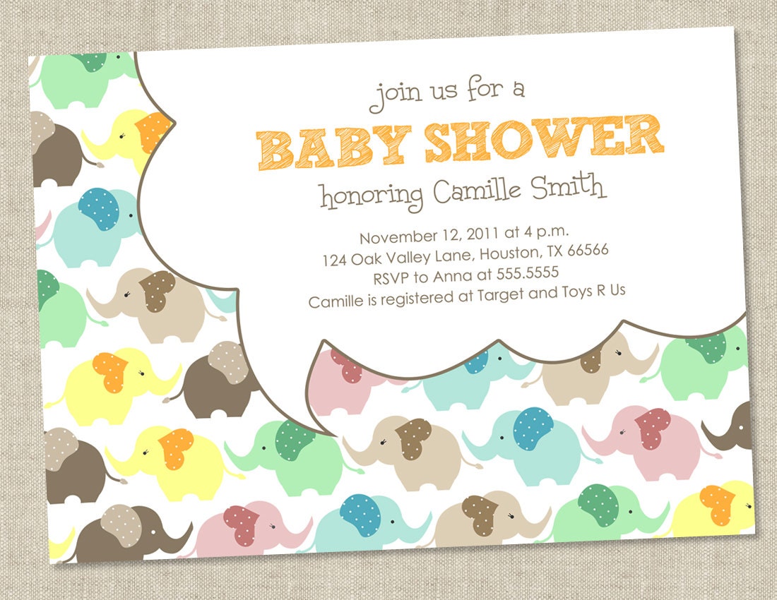 Elephant Baby Shower or Birthday Party Invitations - baby Boy Invites - gender neutral (DIY Printable Digital File OR Printed Cards)