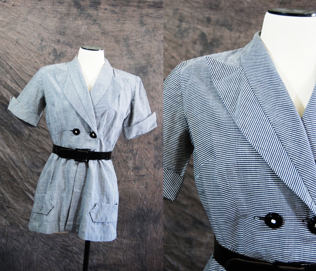 vintage 50s Blouse - Black and White Pinstripe Peplum Blazer Shirt Sz S