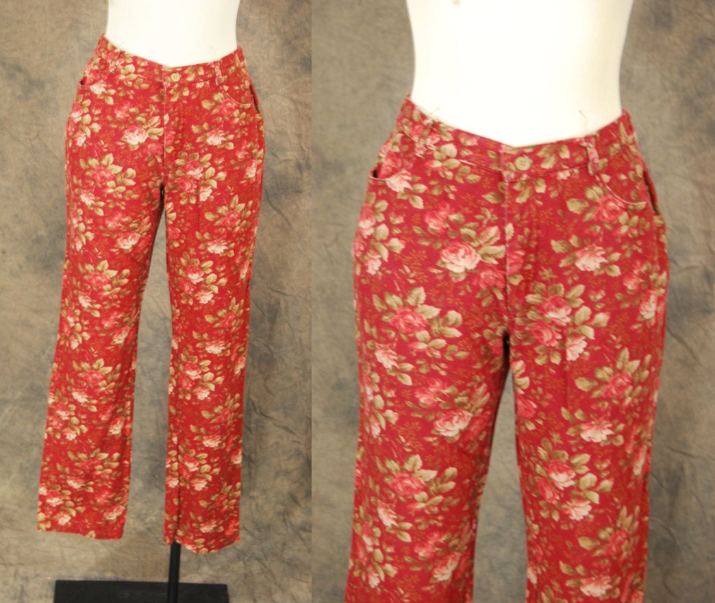 vintage Floral Jeans - 80s Red High Waist Floral Denim Ankle Pants Sz S M