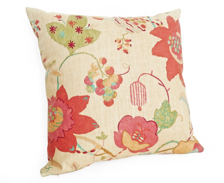 Floral Pillow, Decorative Throw Pillow, NEW Eclectic Toss Pillow, ECO CHIC Ramie, Cream Wheat Red Orange Green Blue, Home Decor  18x18