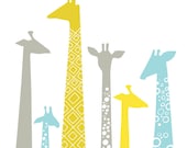 giraffes giclée print on fine art paper. 8X10. gray, chartreuse, yellow, blue.