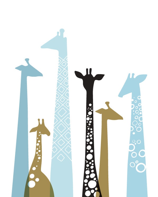 giraffes giclee print. 16X20. baby blue, tan, black.