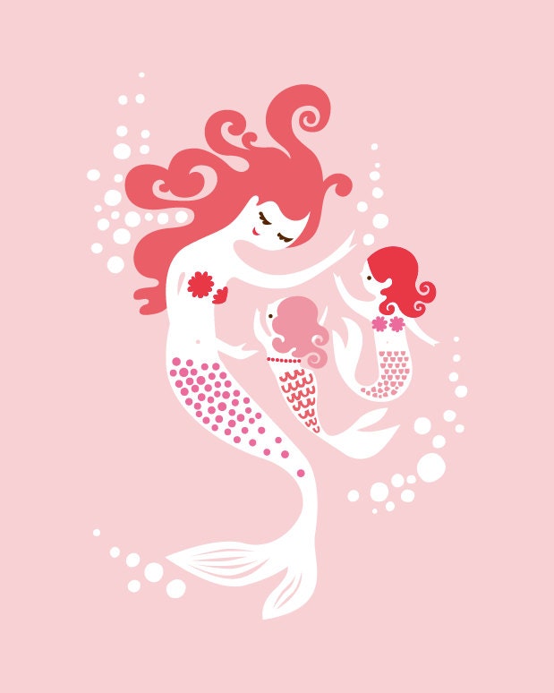 mermaid mother & twin girls. pink, fuschia, magenta . 8X10" giclee print on fine art paper. mothers day gift.