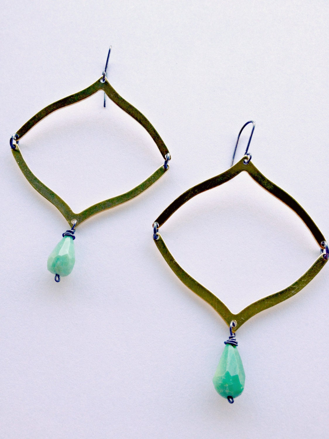 Brass Golden Double Bow, Chrysoprase, Oxidized Sterling - Aurelia Double Earrings