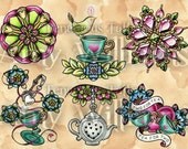 Green Idea Bird Turquoise Teacups Pink Heart Jewels Tattoo Art A3 Print