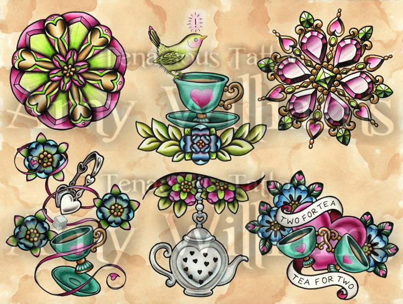 Green Idea Bird Turquoise Teacups Pink Heart Jewels Tattoo Art A3 Print