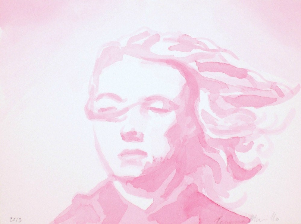 Head of a Girl 14, Marilyn in Rose, OOAK original ink wash painting of Marilyn Monroe on paper