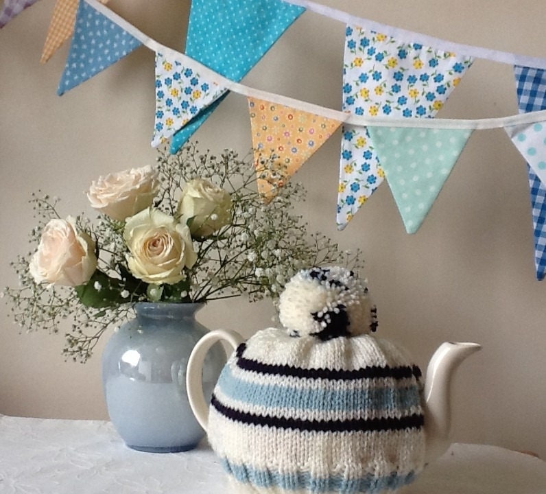 Knitted Tea Cosy with stripes and a bobble. - fits a 6 cup pot