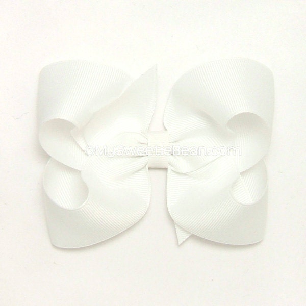 White Hair Bow, 4 inch Boutique Bow, Girls Hairbow, Basic Hairbow, White Grograin Bow