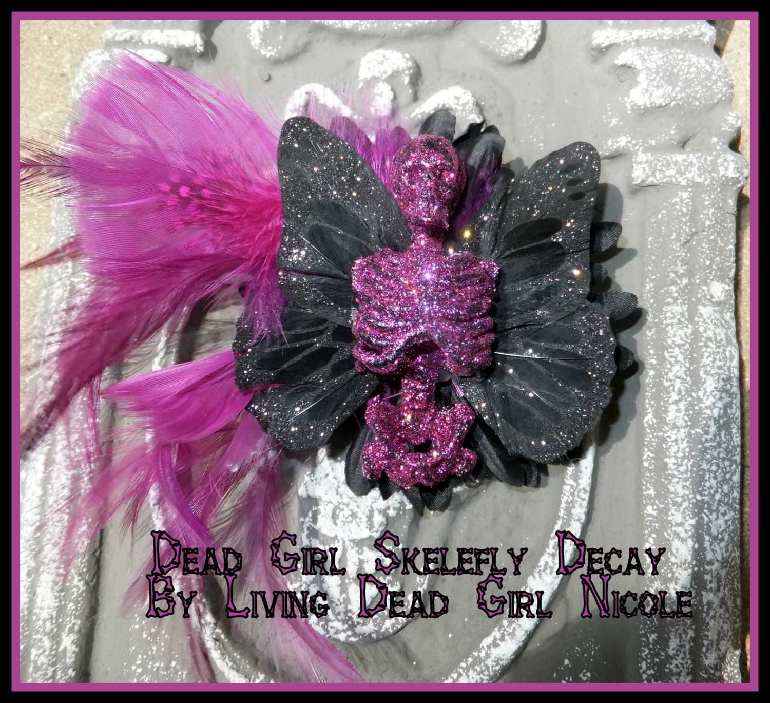 Dead Girl Skelefly Decay - Black Fuschia Magenta - Skelefly Flower Glitter Feather Hair Barrette