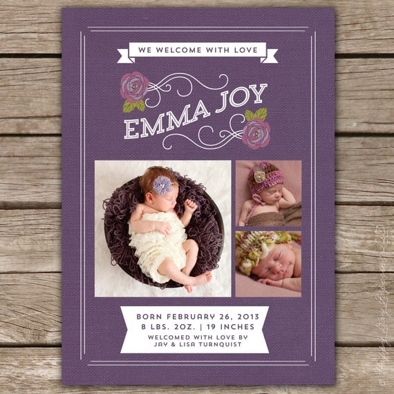 Vintage Rose - Custom Photo Baby Birth Announcement Card Printable Digital Il_570xn