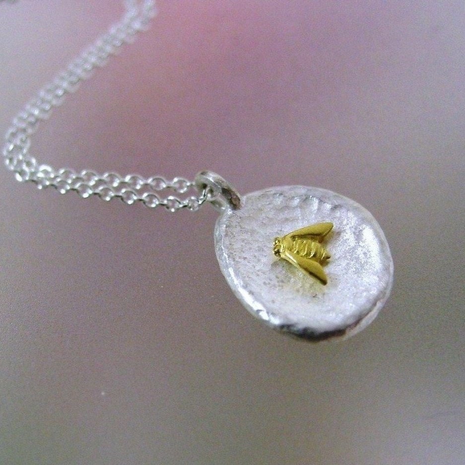 Tiny Bee Pebble Necklace, Sterling Silver, 18k Gold Bee, Pendant, Charm, Made to Order