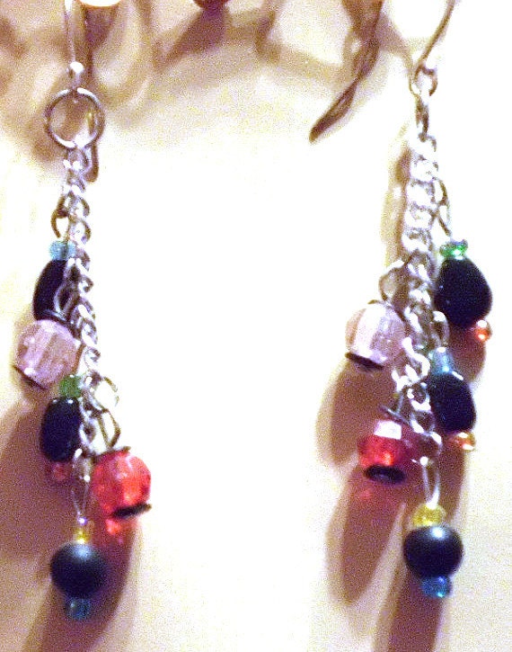 Colorful Beaded Silver Chain Earrings, A Splash of Color, Sterling Silver Ear Wires