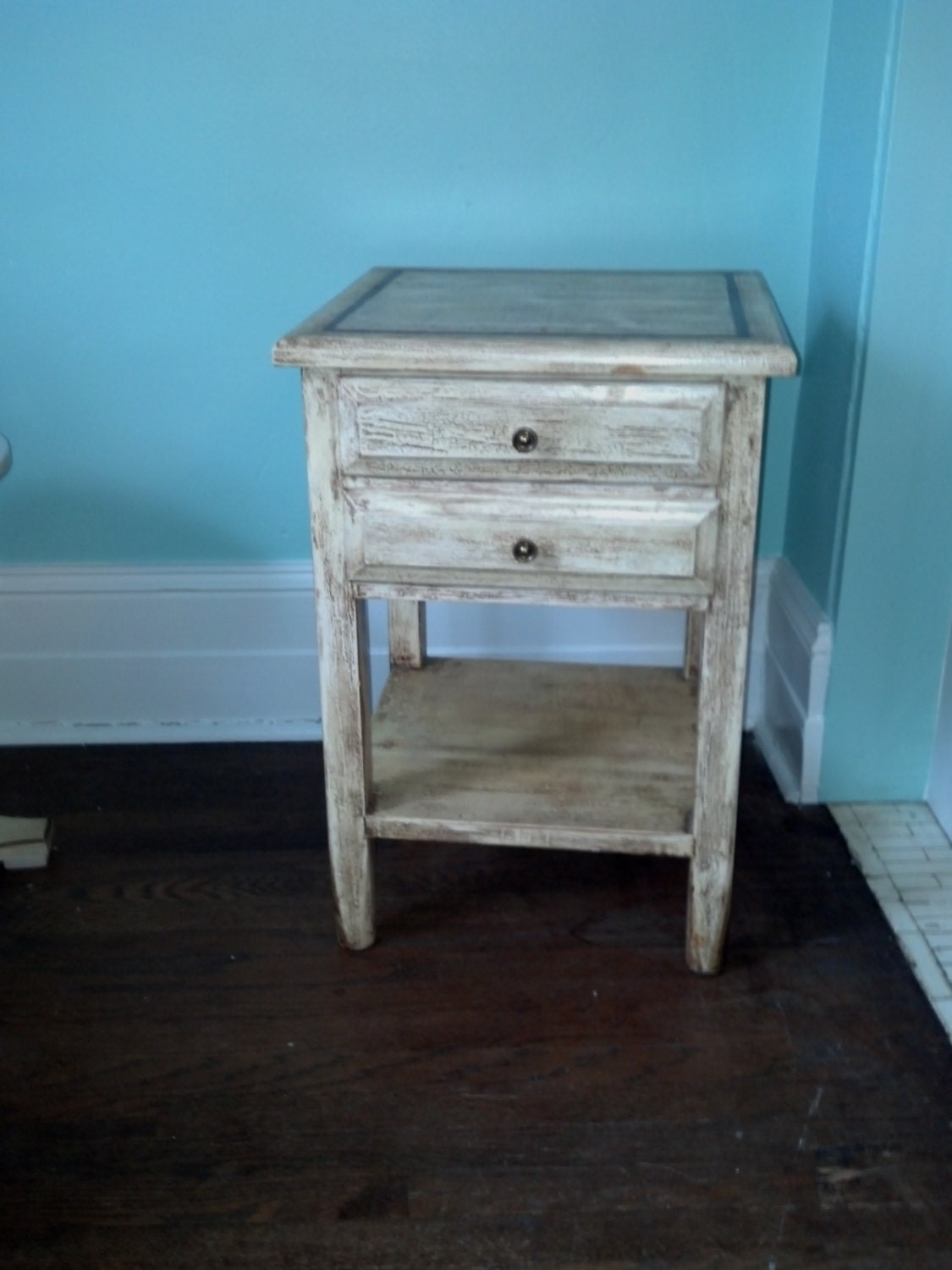 vintage nightstand table shabby chic crackle yellow red border country cottage bedside