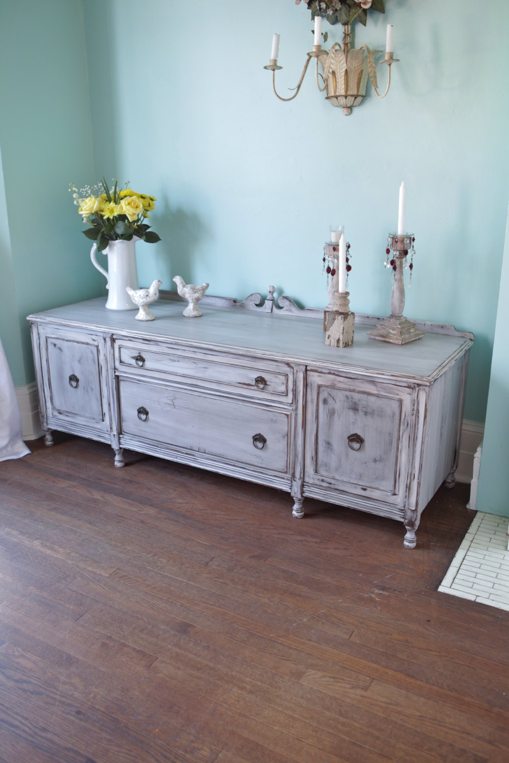 antique gray shabby chic tv stand cabinet distressed cottage prairie RARE