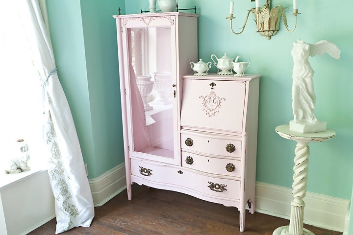 antique pink shabby chic dresser desk secretary curio victorian distressed cottage office