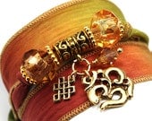 Autumn Leaves Silk Wrap Yoga Bracelet with Antique Om and Buddhist Eternal Knot