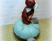 Forest Squirrel Vintage Tin Measure Cup Teal Wool Pin Cushion with Strawberry