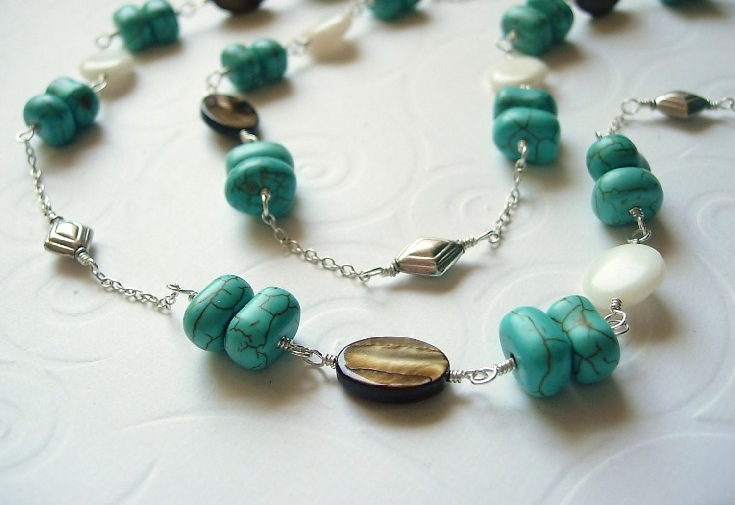 Long Turquoise Howlite Gemstone, Mother of Pearl Shell, and Sterling Silver Bali Bead, Wire Wrapped Necklace, Summer