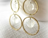 Rainbow Moonstone, Hammered Brass Hoop and Sterling Silver Earrings, Wire Wrapped, Blue Fire Moonstone, Gemstone, Long, Dangle