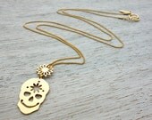 Long Dolores Necklace, long gold silver pendant Mexican inspired Dia de los Muertos skull Day of the Dead  jewelry