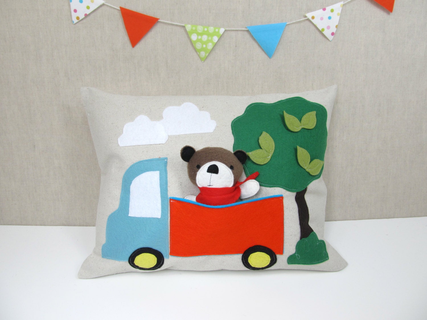 Playful Pillow with Bear in Truck - Children, Nursery, Decor, Toy, Boys, Bear, Gift