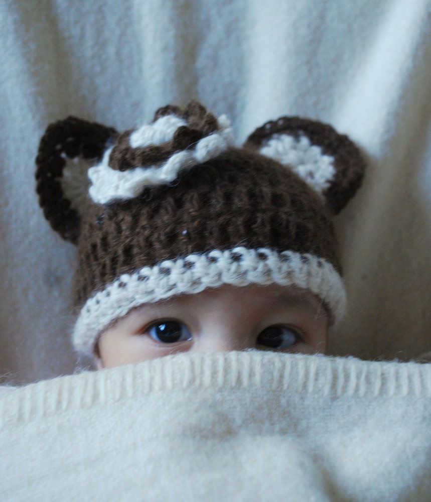 Baby Bear Hat Alpaca Brown Cream Flower Baby Girl Newborn to Toddler Sizes