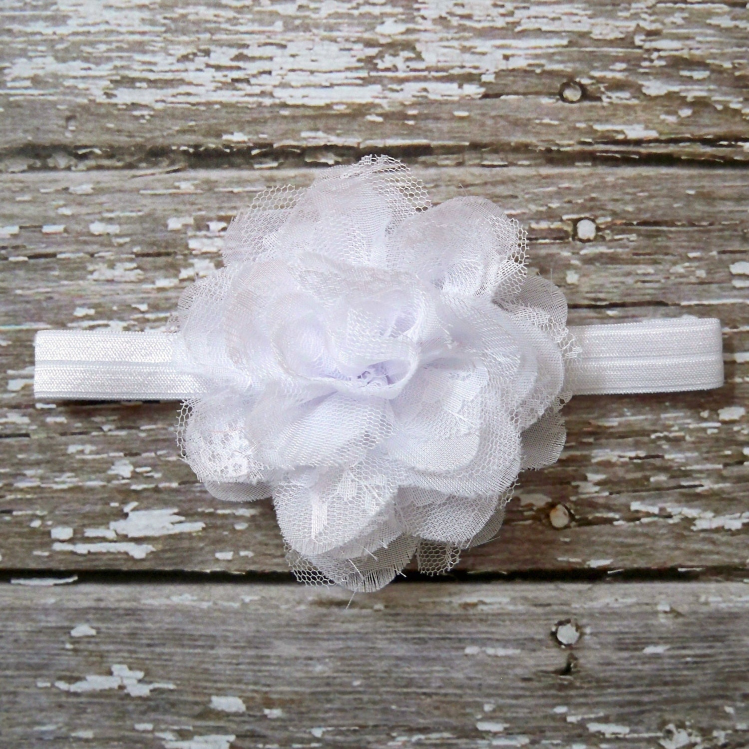 Baby headband White chiffon and lace flower headband newborn baby girl toddler teen adult Baptism Christening Wedding Flower girl