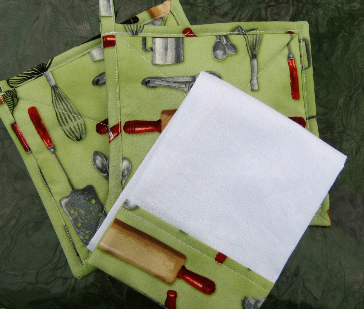 Retro Pot Holders Towel Set Green