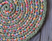 Crocheted Green Rainbow Rug All Cotton Round Country Chic Cottage Kitsch Cabin Western OOAK Apartment Dorm room upcycled hand made