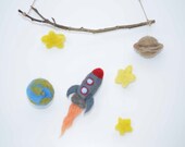 Space Rocket Mobile for Baby Nursery in Felted Wool - Eco Friendly Kids Home Decor - Giant Rocket Ship and Planets - Ready to Ship