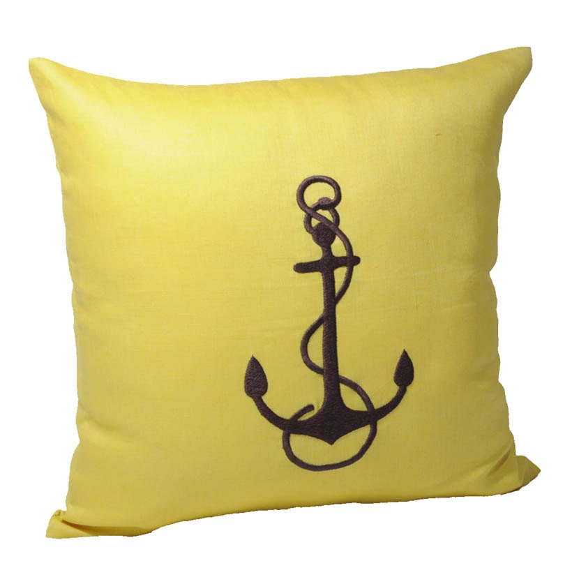 Anchor Decorative Pillow Cover, Yellow Citrine Linen with Dark Brown Anchor Embroidery, Nautical Pillow Cover 18 x 18, Cottage Decor