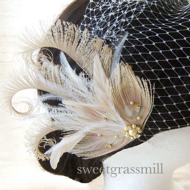 Fascinator & Veil Set - CHAMPAGNE SOIREE - Bleached Beige Peacock Ostrich Feather Wedding Great Gatsby Headpiece and Birdcage Veil