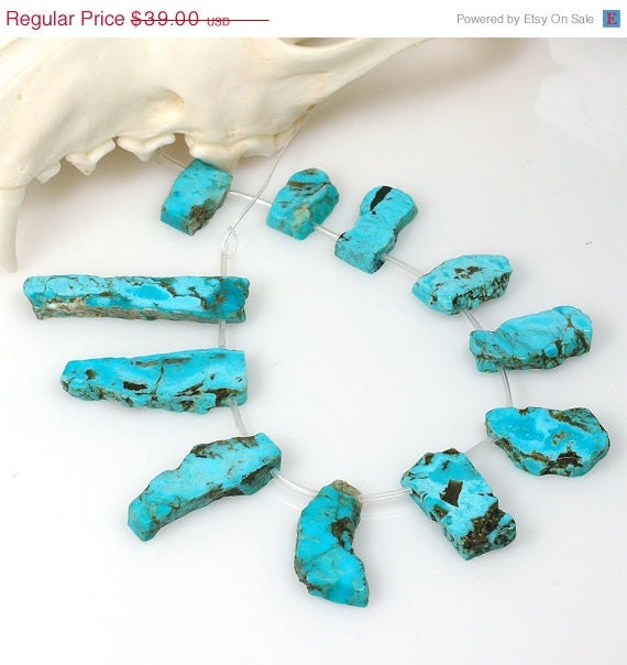 ON SALE Turquoise Pendant beads Slices  Nacozari Turquoise Mexico briolette beads bright blue  - 11pc exact strand No.8