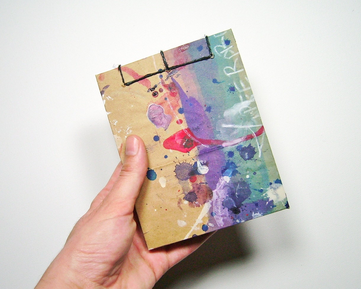 Purple, Blue, and Red - Mini Sketchbook - Recycled Materials - Painted Brown Paper Bag Cover - Stab Bound