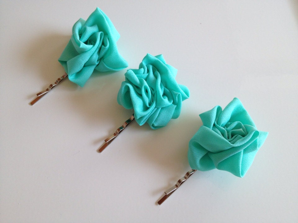 A Trio of Mint Green Flower Hair Pins