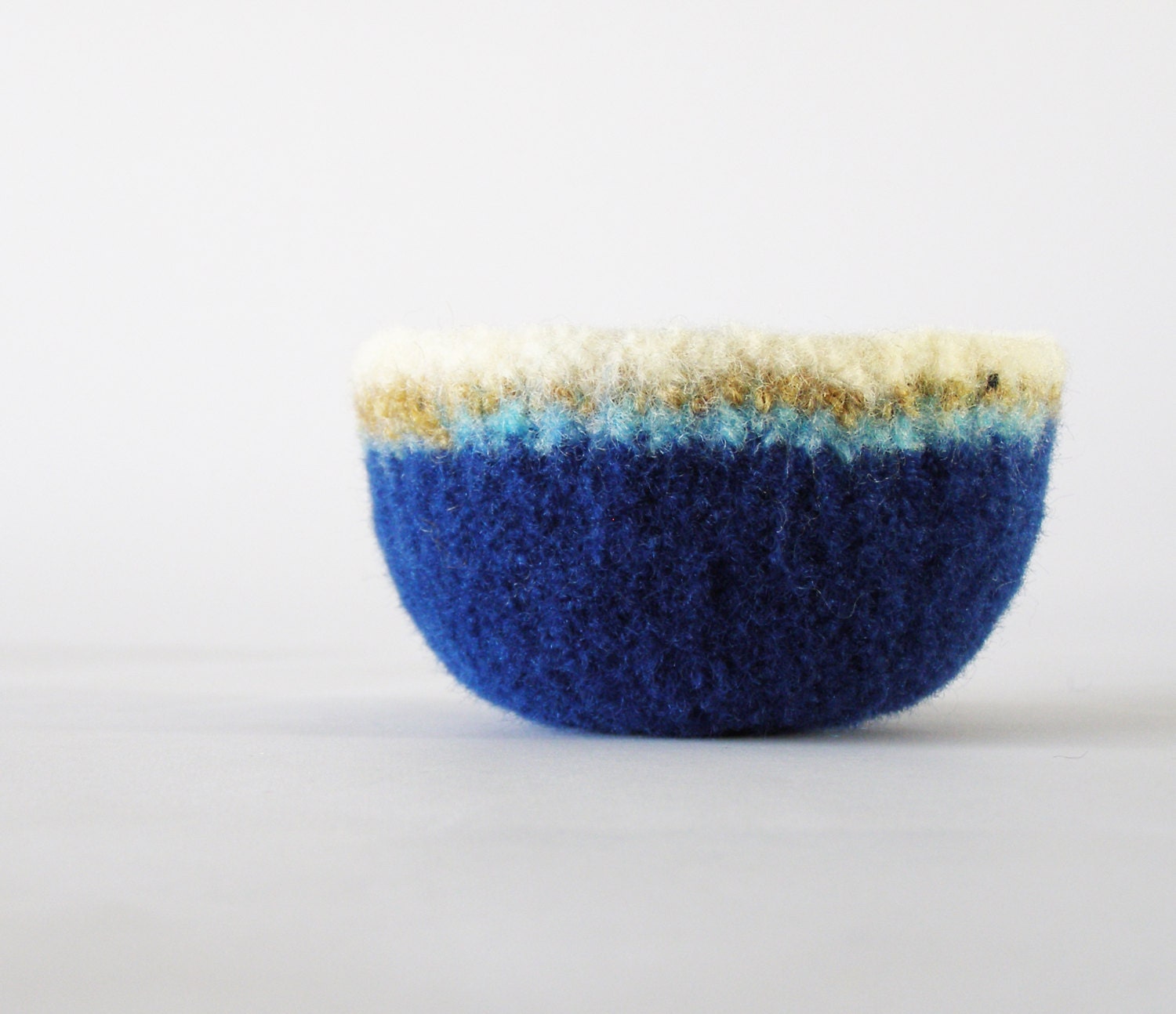 felted bowl - soft felt wool bowl in navy blue with sky blue, copper, and white rim - air plant container, ring dish, ring bowl
