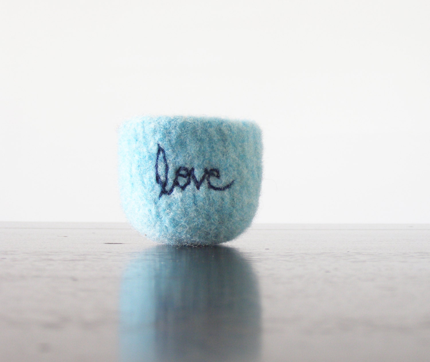 felted wool bowl - aquamarine blue felted bowl with embroidered navy cotton word "love" -  air plant holder - Mothers day - sky blue