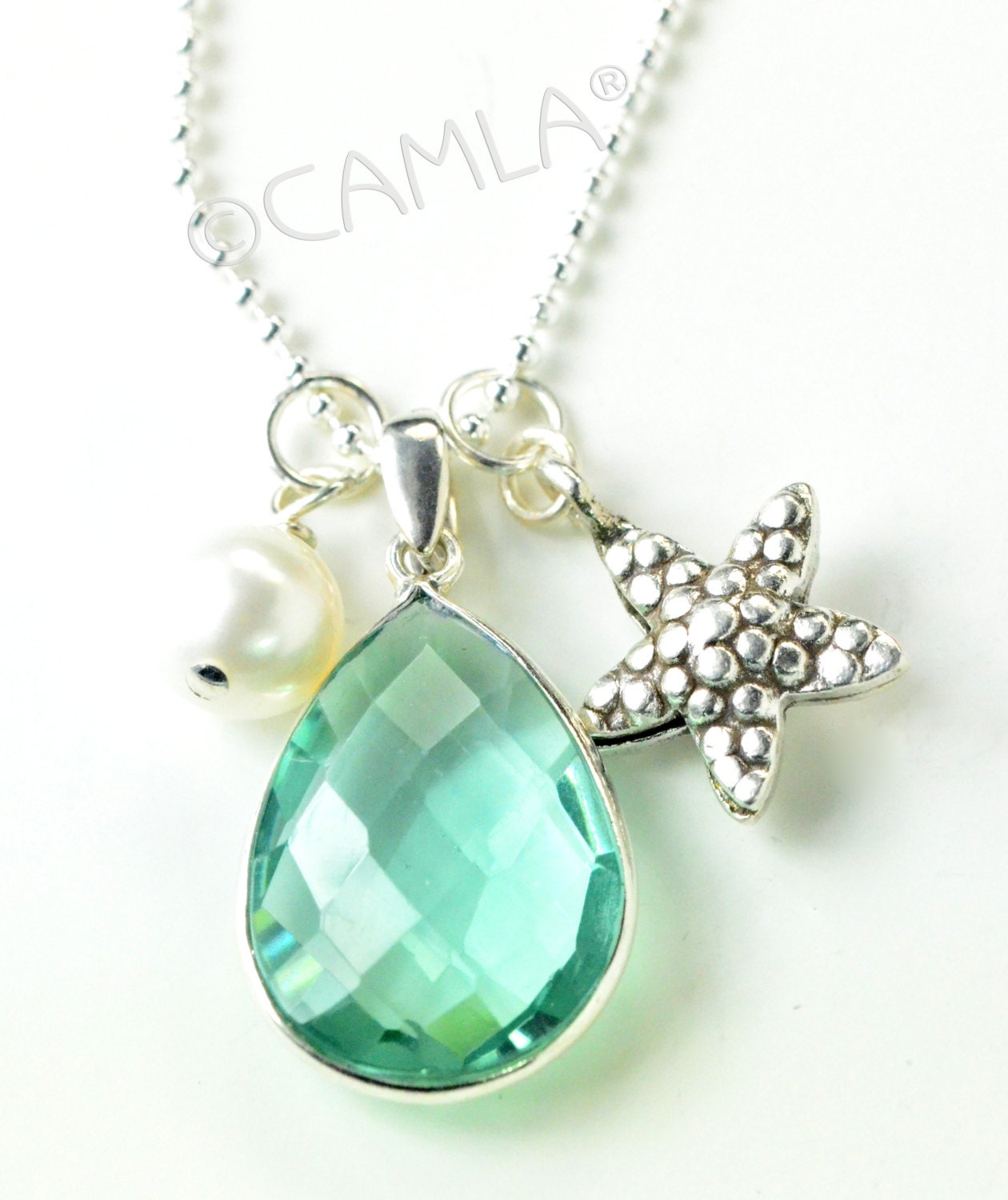 Silver Aqua Green Starfish Necklace