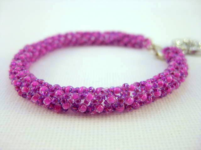 Russian Spiral Bracelet in Pink and Fuchsia Beaded Seed Bead Beadwork