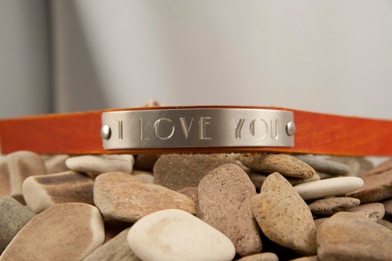 I love you in art deco font - diamond glint leather cuff