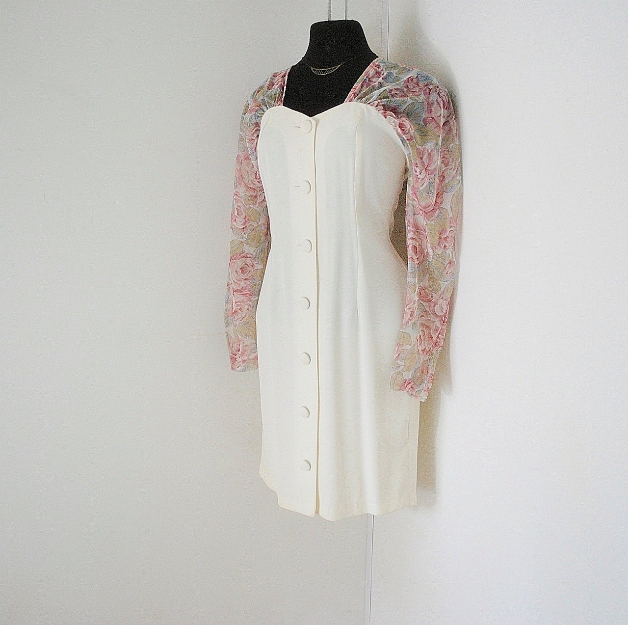 vintage 80s SHEER floral IVORY button down BOMBSHELL sophisticate dress small 6
