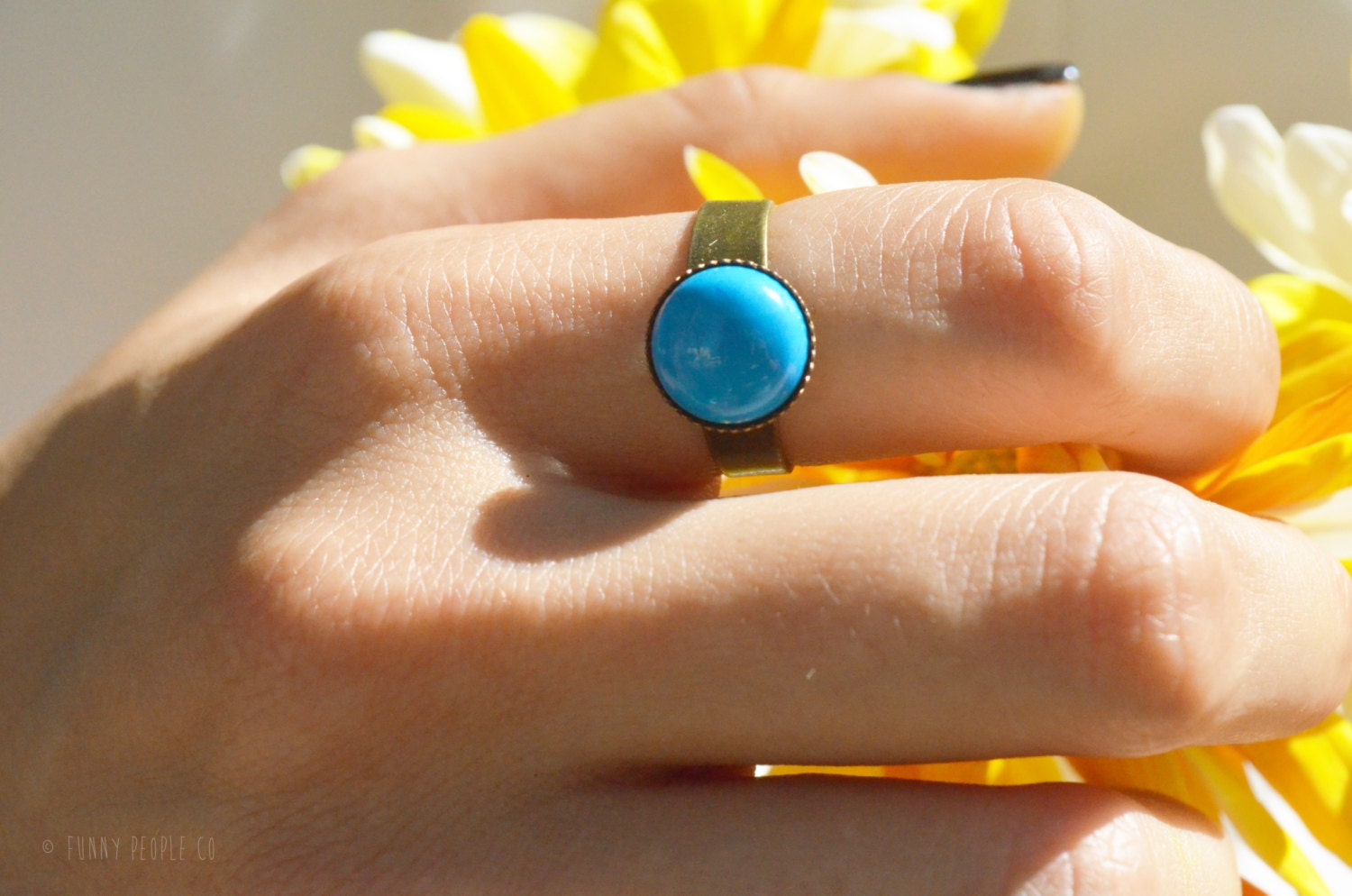 Ring Stone Turquoise Bronze Cabochon Bead Bohemian Hippie Eclectic Large Base Statement Jewelry Adjustable